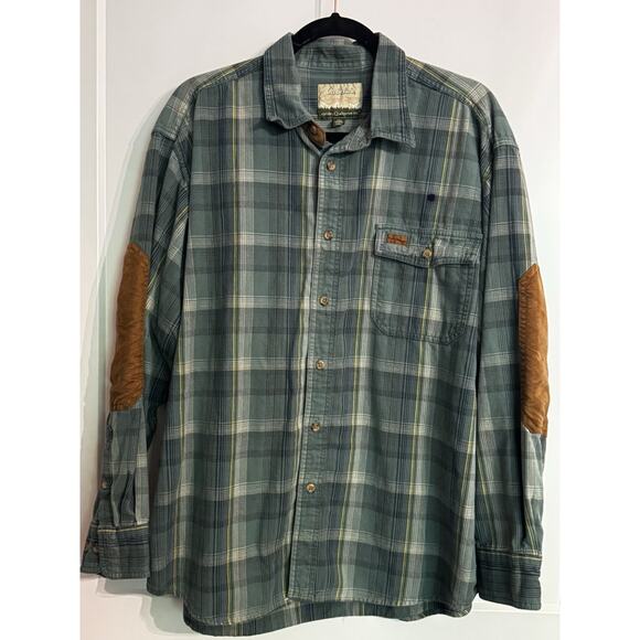 VTG XL Men's Cabela's Long Sleeve Green Flannel Plaid Patched Sleeves Gorpcore - Picture 1 of 14